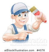 Vector Illustration of a Happy Male House Painter Holding a Brush and Pointing by AtStockIllustration