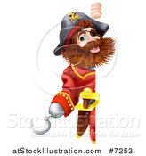 Vector Illustration of a Happy Male Pirate Captain Gesturing with a Hook Hand and Looking Around a Sign by AtStockIllustration