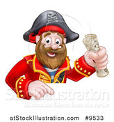 Vector Illustration of a Happy Male Pirate Captain Holding a Treasure Map and Pointing down over a Sign by AtStockIllustration