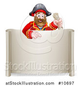 Vector Illustration of a Happy Male Pirate Captain Holding a Treasure Map and Pointing over a Scroll Sign by AtStockIllustration