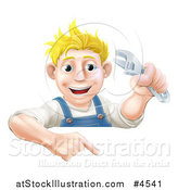 Vector Illustration of a Happy Mechanic Man Holding a Spanner Wrench and Pointing down to a Sign by AtStockIllustration
