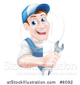 Vector Illustration of a Happy Middle Aged Brunette Caucasian Mechanic Man in Blue, Wearing a Baseball Cap, Holding a Wrench Around a Sign by AtStockIllustration