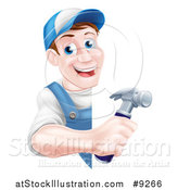 Vector Illustration of a Happy Middle Aged Brunette Caucasian Worker Man Holding a Hammer Around a Sign by AtStockIllustration