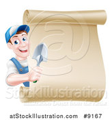 Vector Illustration of a Happy Middle Aged Brunette White Male Gardener in Blue, Holding a Hand Spade Shovel Around a Blank Scroll Sign by AtStockIllustration