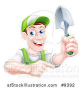 Vector Illustration of a Happy Middle Aged Brunette White Male Gardener in Green, Pointing and Holding a Shovel by AtStockIllustration