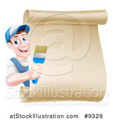 Vector Illustration of a Happy Middle Aged Brunette White Male House Painter Holding a Brush Around a Scroll Sign by AtStockIllustration