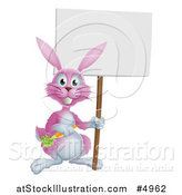 Vector Illustration of a Happy Pink Bunny Rabbit Holding a Carrot and Blank Sign by AtStockIllustration