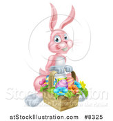 Vector Illustration of a Happy Pink Easter Bunny with a Basket of Eggs and Flowers by AtStockIllustration