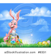 Vector Illustration of a Happy Pink Easter Bunny with a Basket of Eggs and Flowers in the Grass, Against a Blue Sky by AtStockIllustration