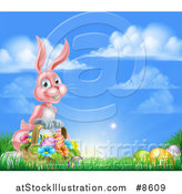 Vector Illustration of a Happy Pink Easter Bunny with a Basket of Eggs and Flowers in the Grass, Against a Blue Sky by AtStockIllustration