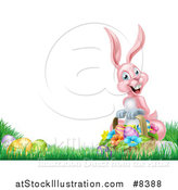 Vector Illustration of a Happy Pink Easter Bunny with a Basket of Eggs and Flowers in the Grass, with White Text Space by AtStockIllustration
