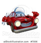 Vector Illustration of a Happy Red Car Character Wearing a Baseball Cap, Holding a Wrench and Thumb up by AtStockIllustration