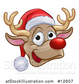 Vector Illustration of a Happy Red Nosed Reindeer Face Wearing a Christmas Santa Hat by AtStockIllustration