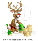 Vector Illustration of a Happy Rudolph Red Nosed Reindeer Making a Sand Castle by AtStockIllustration
