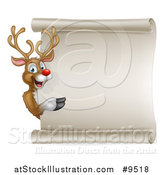Vector Illustration of a Happy Rudolph Red Nosed Reindeer Pointing Around a Scroll Sign by AtStockIllustration