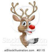 Vector Illustration of a Happy Rudolph Red Nosed Reindeer Pointing Around a Sign by AtStockIllustration