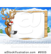 Vector Illustration of a Happy Rudolph Red Nosed Reindeer Pointing Around a Sign over a Winter Landscape by AtStockIllustration
