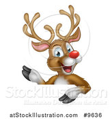 Vector Illustration of a Happy Rudolph Red Nosed Reindeer Waving over a Sign by AtStockIllustration