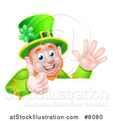 Vector Illustration of a Happy St Patricks Day Leprechaun Giving a Thumb up and Waving over a Sign by AtStockIllustration