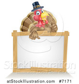 Vector Illustration of a Happy Thanksgiving Pilgrim Turkey Bird Giving a Thumb up over a Blank White Board Sign by AtStockIllustration