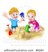 Vector Illustration of a Happy White Boy and Girl Playing and Making Sand Castles on a Beach by AtStockIllustration