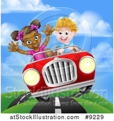 Vector Illustration of a Happy White Boy Driving a Black Girl and Catching Air in a Convertible Car on a Country Road by AtStockIllustration