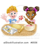 Vector Illustration of a Happy White Boy Making Making Star Cookies and Black Girl Making Frosting by AtStockIllustration