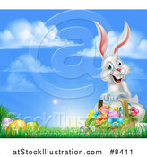 Vector Illustration of a Happy White Easter Bunny Rabbit with a Basket of Eggs and Flowers in the Grass, with Sky Text Space by AtStockIllustration