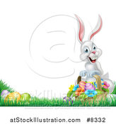 Vector Illustration of a Happy White Easter Bunny with a Basket of Eggs and Flowers in the Grass, with Text Space by AtStockIllustration