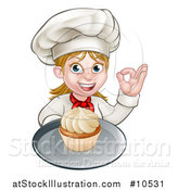 Vector Illustration of a Happy White Female Chef Baker Gesturing Ok and Holding a Cupcake on a Tray by AtStockIllustration