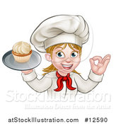 Vector Illustration of a Happy White Female Chef Gesturing Ok and Holding a Cupcake on a Tray by AtStockIllustration