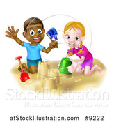 Vector Illustration of a Happy White Girl and Black Boy Playing and Making a Sand Castle by AtStockIllustration