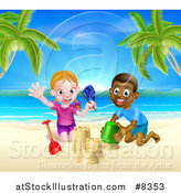 Vector Illustration of a Happy White Girl and Black Boy Playing and Making Sand Castles on a Tropical Beach by AtStockIllustration