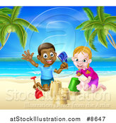 Vector Illustration of a Happy White Girl and Black Boy Playing and Making Sand Castles on a Tropical Beach by AtStockIllustration