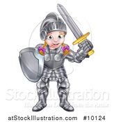 Vector Illustration of a Happy White Girl in Full Knight Armour, Holding a Shield and Sword by AtStockIllustration