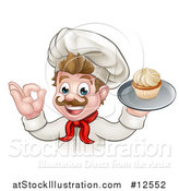 Vector Illustration of a Happy White Male Chef Baker Gesturing Ok and Holding a Cupcake on a Tray by AtStockIllustration