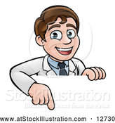 Vector Illustration of a Happy White Male Scientist Pointing down over a Sign by AtStockIllustration