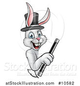 Vector Illustration of a Happy White Rabbit Magcician Wearing a Hat and Holding a Wand Around a Sign by AtStockIllustration