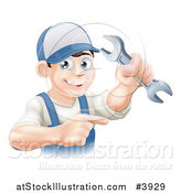 Vector Illustration of a Happy Worker Man Holding a Wrench and Pointing by AtStockIllustration