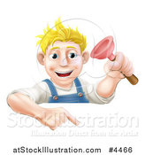 Vector Illustration of a Happy Young Blond Plumber Holding a Plunger and Pointing down at a Sign by AtStockIllustration