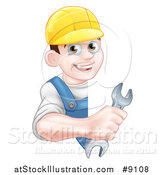 Vector Illustration of a Happy Young Brunette Caucasian Mechanic Man in Blue, Wearing a Baseball Cap, Holding an Adjustable Wrench Around a Sign by AtStockIllustration