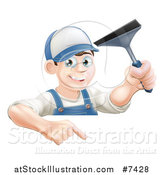 Vector Illustration of a Happy Young Brunette Caucasian Window Cleaner Man Holding a Squeegee and Pointing down over a Sign by AtStockIllustration