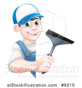 Vector Illustration of a Happy Young Brunette Caucasian Window Cleaner Man in Blue, Holding a Squeegee Around a Sign by AtStockIllustration