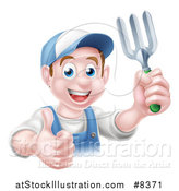 Vector Illustration of a Happy Young Brunette White Male Gardener in Blue, Holding a Garden Fork and Thumb up over a Sign by AtStockIllustration