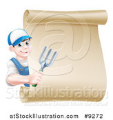 Vector Illustration of a Happy Young Brunette White Male Gardener in Blue, Holding a Garden Fork Around a Scroll Sign by AtStockIllustration