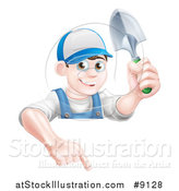 Vector Illustration of a Happy Young Brunette White Male Gardener in Blue, Pointing down over a Sign and Holding a Shovel by AtStockIllustration