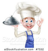 Vector Illustration of a Happy Young White Male Chef Gesturing Ok and Holding a Cloche Platter by AtStockIllustration