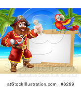 Vector Illustration of a Hook Handed Pirate Captain Holding a Treasure Map by a Blank Sign with a Parrot on a Beach by AtStockIllustration