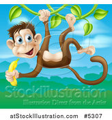 Vector Illustration of a Jungle Monkey with a Banana, Swinging on a Vine over a Jungle Landscape by AtStockIllustration