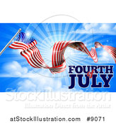 Vector Illustration of a Long Waving American Flag and Fourth of July Text over Blue Sky with Sun Rays by AtStockIllustration